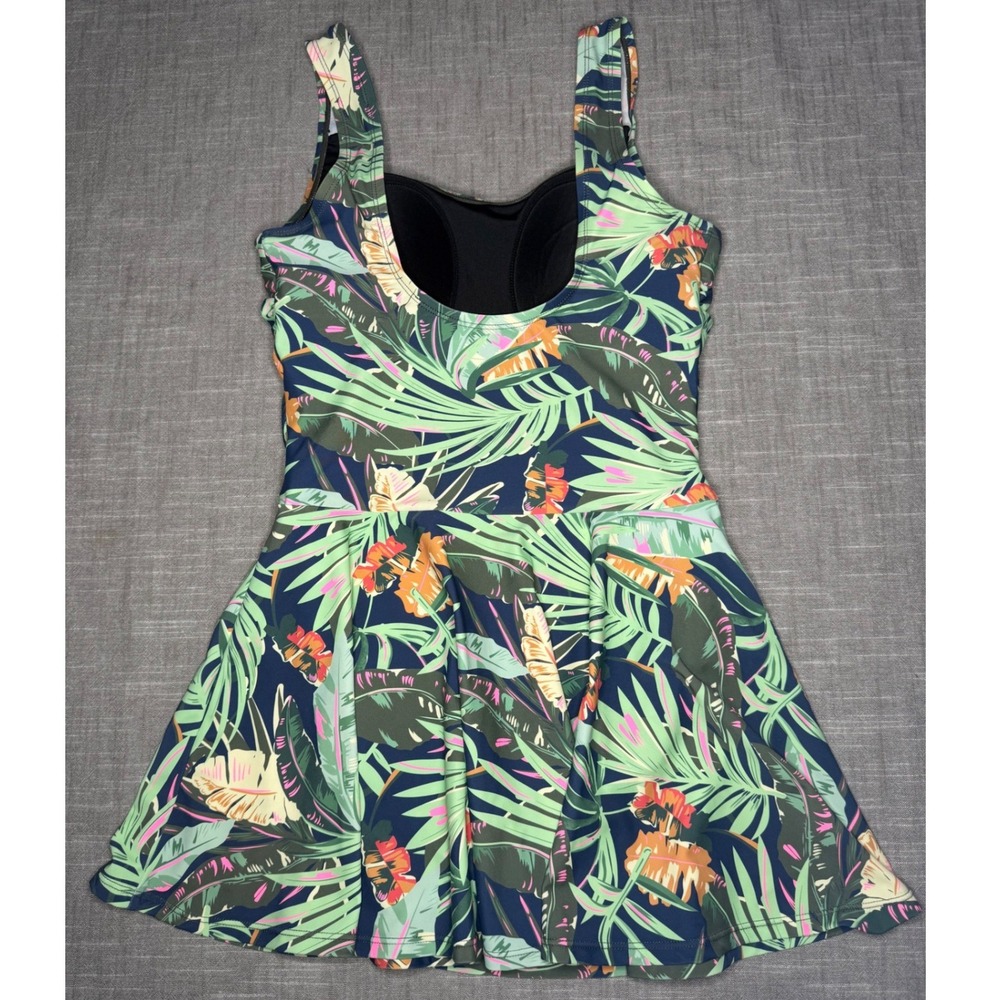 Shore Shapes Tropical Palm Print Swim Dress One Piece Swimsuit Navy Green 10 - Picture 7 of 11